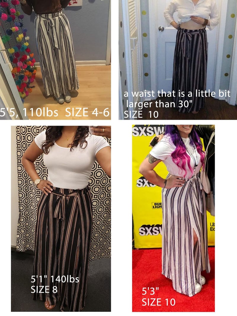Simplee Apparel Simplee Women's Elegant Striped Split High Waisted Belted Flowy Wide Leg Pants, White Stripe, 4/6, Small - Image 4